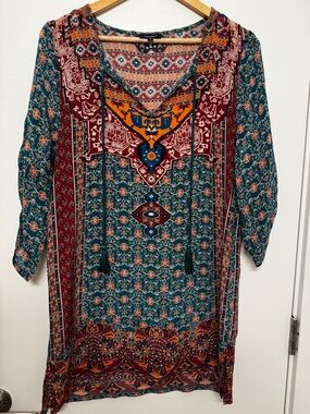 Tolani 100% Silk Bohemian Mini Dress with Tassel Tie - EUC